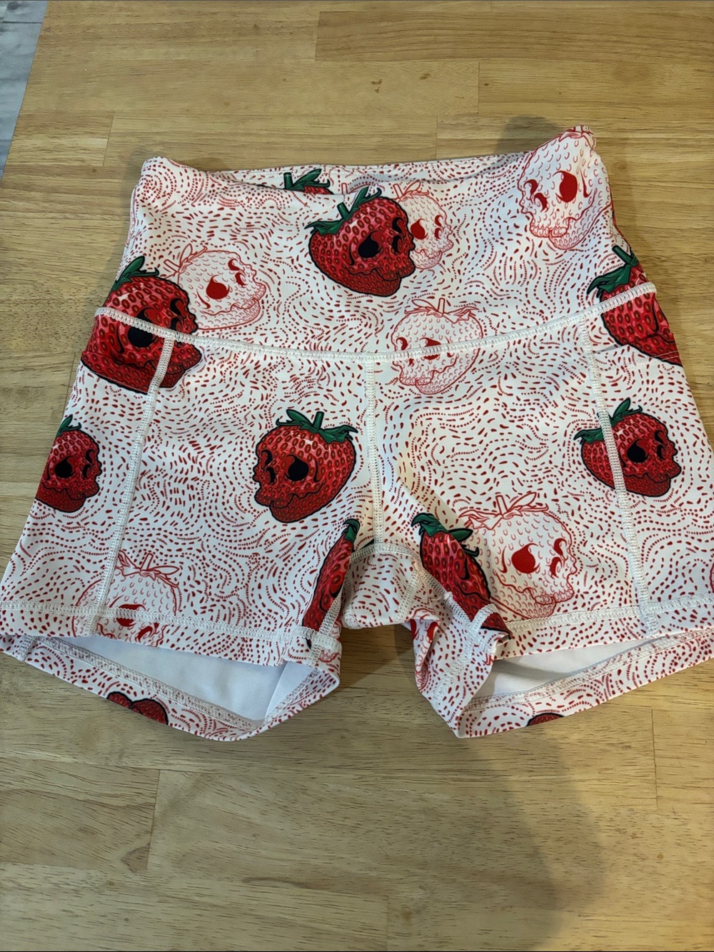 Feed Me Fight Me White Shorts with Red Strawberry Skull Print